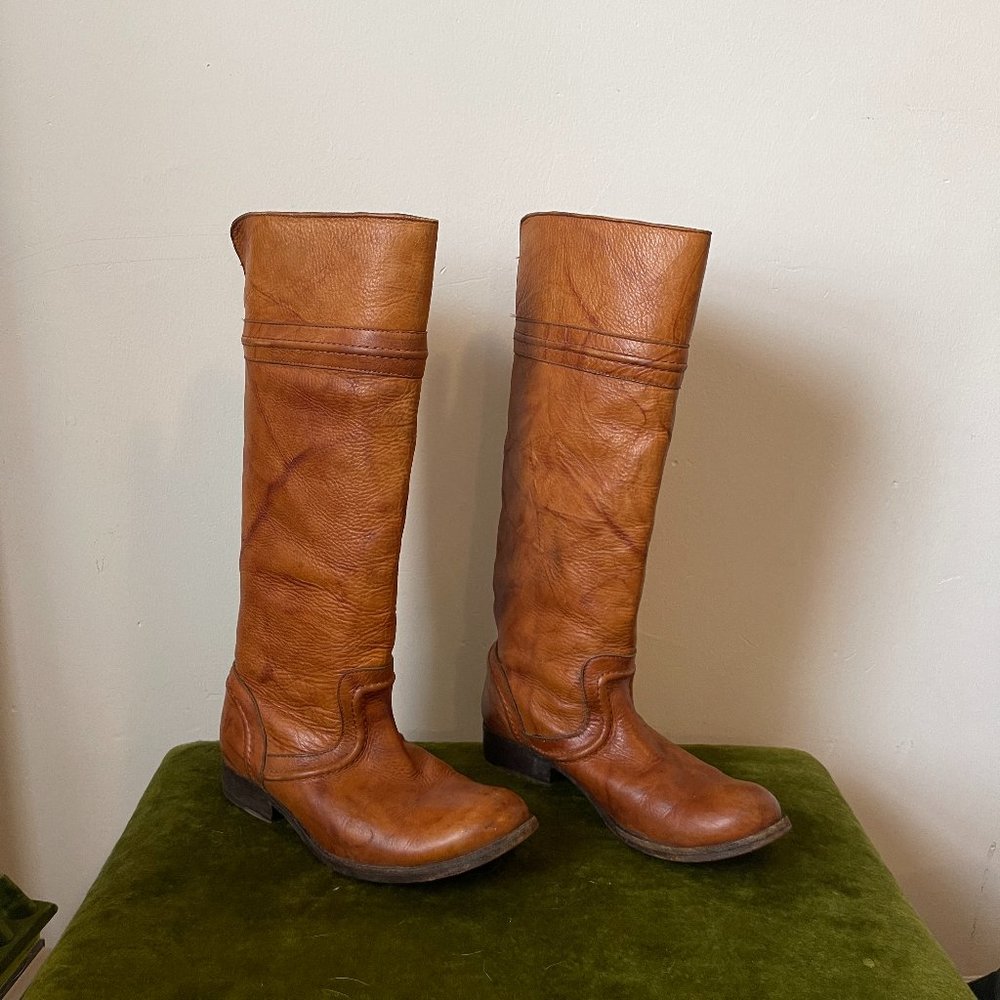 Frye Melissa Trapunto Riding Pull On Marbled Leather Boots Cognac Size 6.5